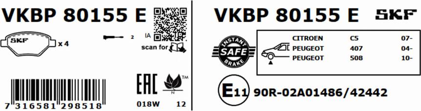 SKF VKBP 80155 E - Brake Pad Set, disc brake autospares.lv