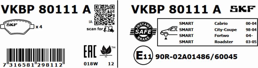 SKF VKBP 80111 A - Brake Pad Set, disc brake autospares.lv