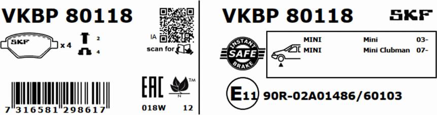 SKF VKBP 80118 - Brake Pad Set, disc brake autospares.lv