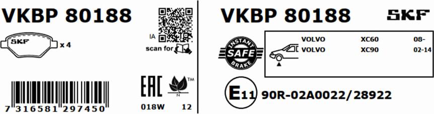 SKF VKBP 80188 - Brake Pad Set, disc brake autospares.lv