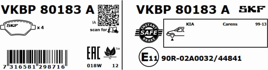 SKF VKBP 80183 A - Brake Pad Set, disc brake autospares.lv
