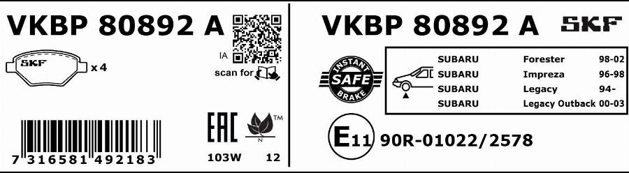 SKF VKBP 80892 A - Brake Pad Set, disc brake autospares.lv