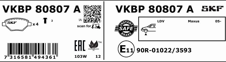 SKF VKBP 80807 A - Brake Pad Set, disc brake autospares.lv