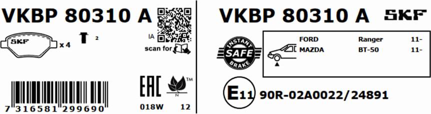 SKF VKBP 80310 A - Brake Pad Set, disc brake autospares.lv