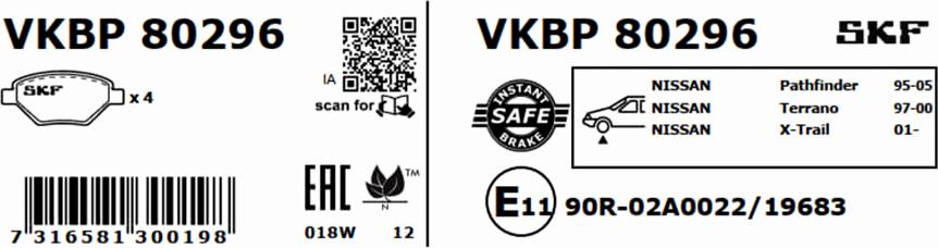 SKF VKBP 80296 - Brake Pad Set, disc brake autospares.lv