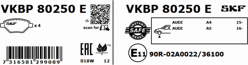 SKF VKBP 80250 E - Brake Pad Set, disc brake autospares.lv