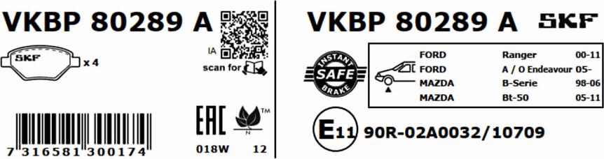 SKF VKBP 80289 A - Brake Pad Set, disc brake autospares.lv