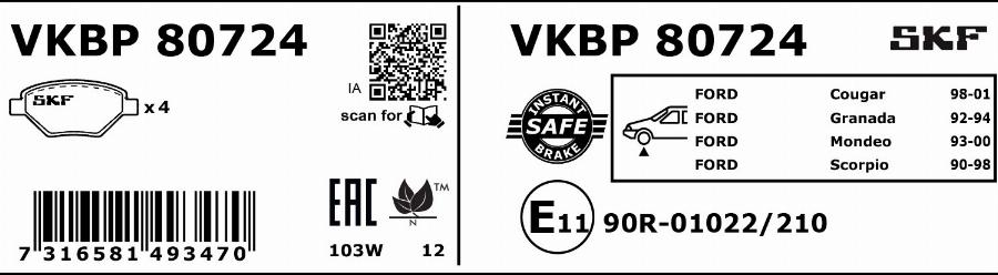 SKF VKBP 80724 - Brake Pad Set, disc brake autospares.lv