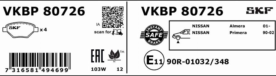 SKF VKBP 80726 - Brake Pad Set, disc brake autospares.lv