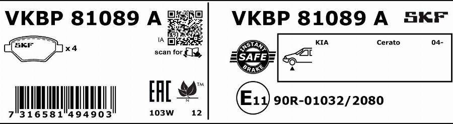 SKF VKBP 81089 A - Brake Pad Set, disc brake autospares.lv