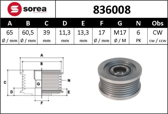 SNRA 836008 - Pulley, alternator, freewheel clutch autospares.lv