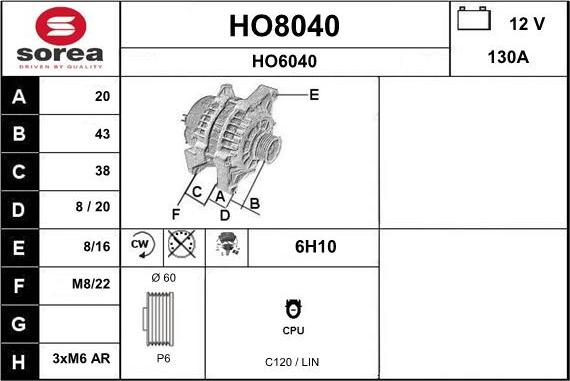 SNRA HO8040 - Alternator autospares.lv