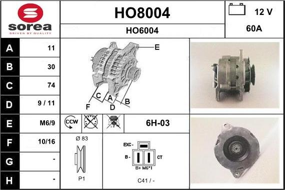 SNRA HO8004 - Alternator autospares.lv