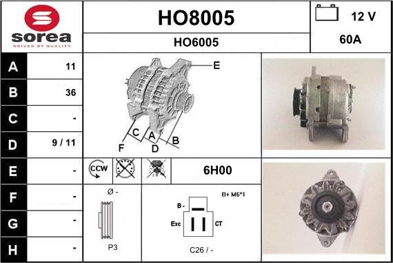 SNRA HO8005 - Alternator autospares.lv