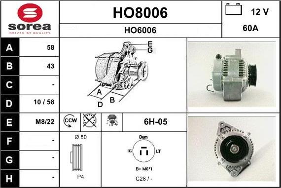SNRA HO8006 - Alternator autospares.lv