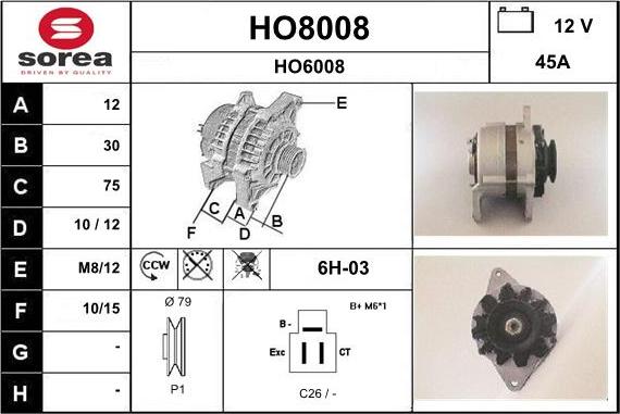 SNRA HO8008 - Alternator autospares.lv