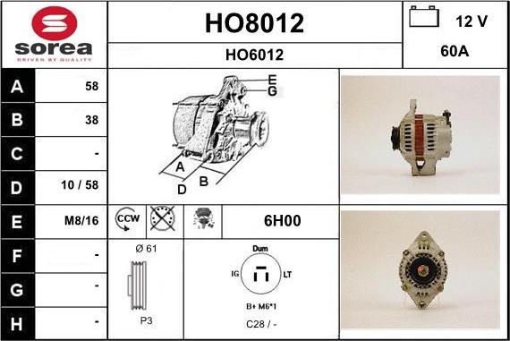 SNRA HO8012 - Alternator autospares.lv