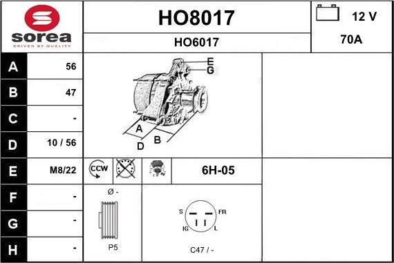 SNRA HO8017 - Alternator autospares.lv