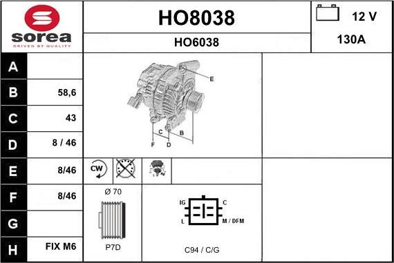 SNRA HO8038 - Alternator autospares.lv