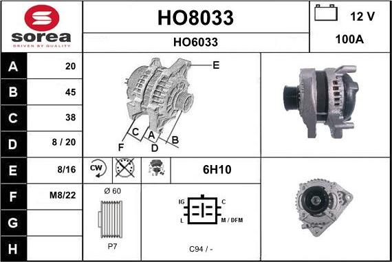 SNRA HO8033 - Alternator autospares.lv