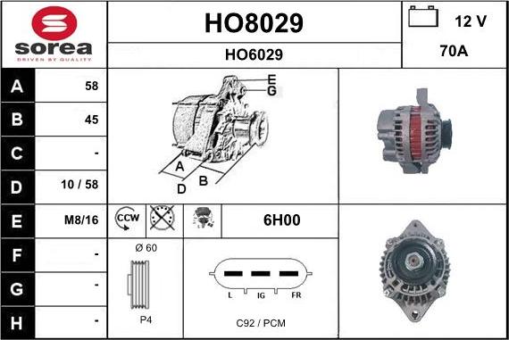 SNRA HO8029 - Alternator autospares.lv