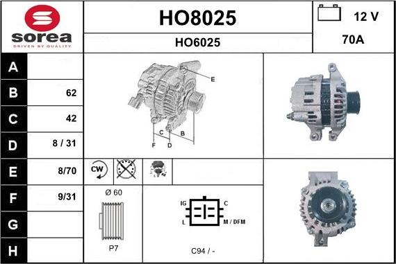 SNRA HO8025 - Alternator autospares.lv