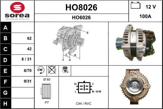 SNRA HO8026 - Alternator autospares.lv