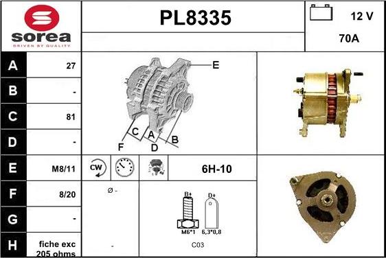 SNRA PL8335 - Alternator autospares.lv