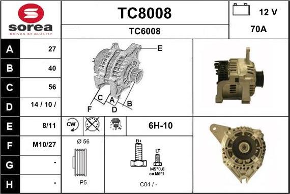 SNRA TC8008 - Alternator autospares.lv