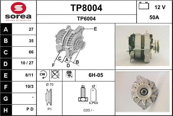 SNRA TP8004 - Alternator autospares.lv