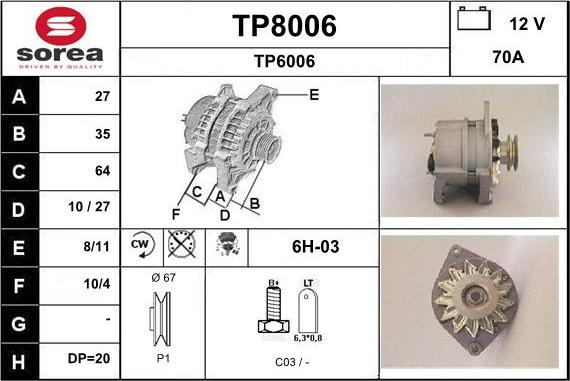 SNRA TP8006 - Alternator autospares.lv