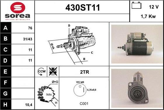 STARTCAR 430ST11 - Starter autospares.lv