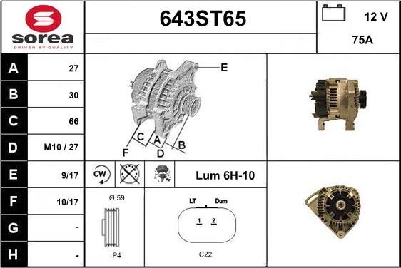 STARTCAR 643ST65 - Alternator autospares.lv