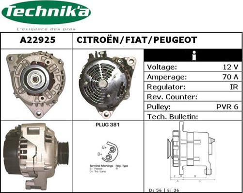 Technika A22925 - Alternator autospares.lv