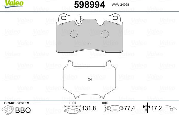 Valeo 598994 - Brake Pad Set, disc brake autospares.lv