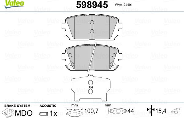 Valeo 598945 - Brake Pad Set, disc brake autospares.lv