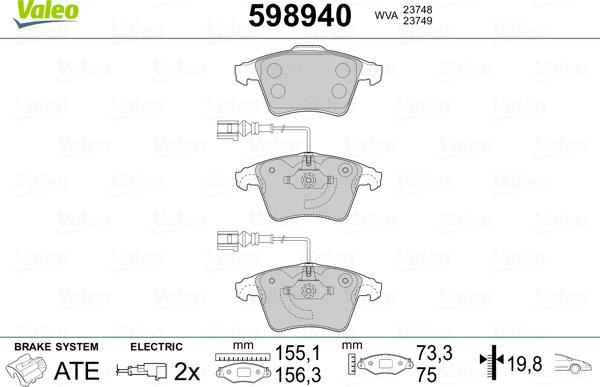 Valeo 598940 - Brake Pad Set, disc brake autospares.lv