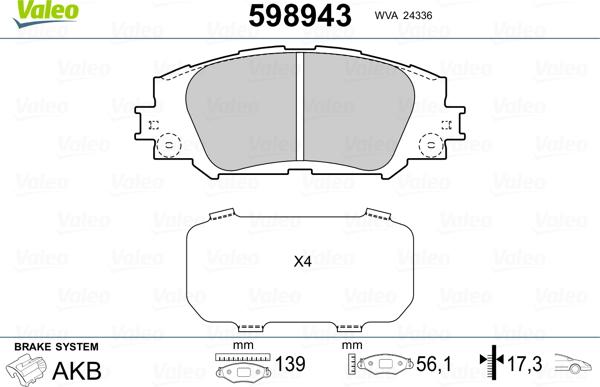 Valeo 598943 - Brake Pad Set, disc brake autospares.lv