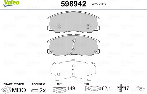 Valeo 598942 - Brake Pad Set, disc brake autospares.lv