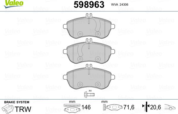 Valeo 598963 - Brake Pad Set, disc brake autospares.lv