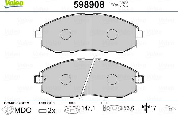 Valeo 598908 - Brake Pad Set, disc brake autospares.lv