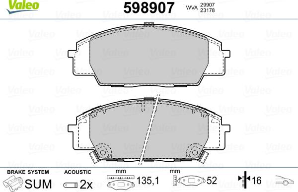 Valeo 598907 - Brake Pad Set, disc brake autospares.lv