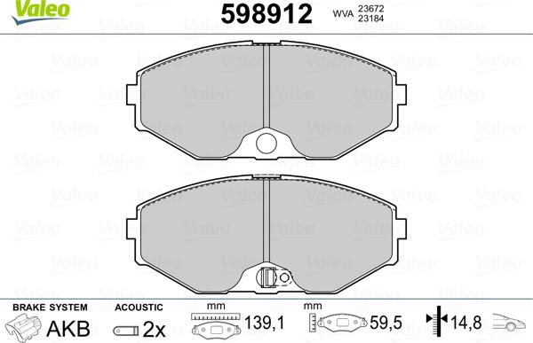 Valeo 598912 - Brake Pad Set, disc brake autospares.lv