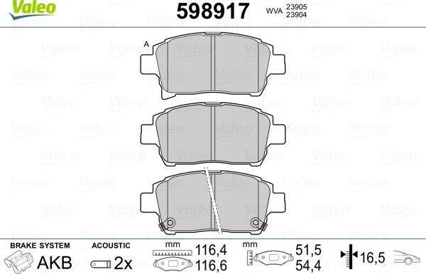 Valeo 598917 - Brake Pad Set, disc brake autospares.lv