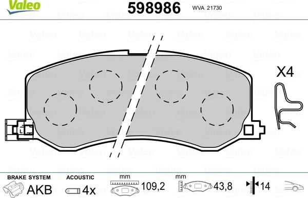 Valeo 598986 - Brake Pad Set, disc brake autospares.lv