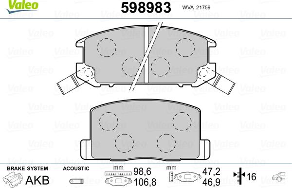 Valeo 598983 - Brake Pad Set, disc brake autospares.lv