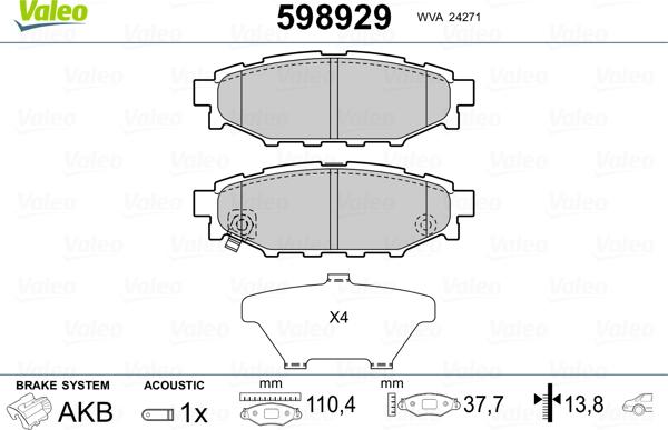 Valeo 598929 - Brake Pad Set, disc brake autospares.lv