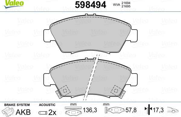 Valeo 598494 - Brake Pad Set, disc brake autospares.lv