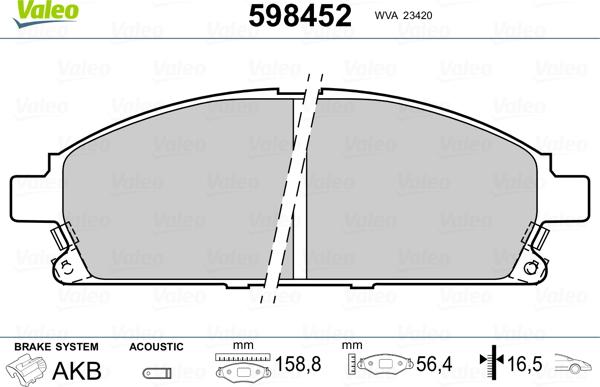 Valeo 598452 - Brake Pad Set, disc brake autospares.lv