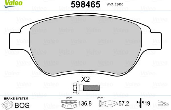 Valeo 598465 - Brake Pad Set, disc brake autospares.lv